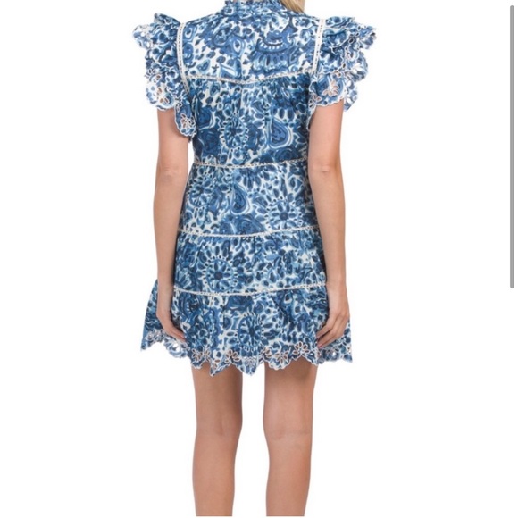 House of Harlow 1960 Blue Floral Eyelet Ruffle Dress Small Smocked Tiered A-Line - Picture 2 of 8